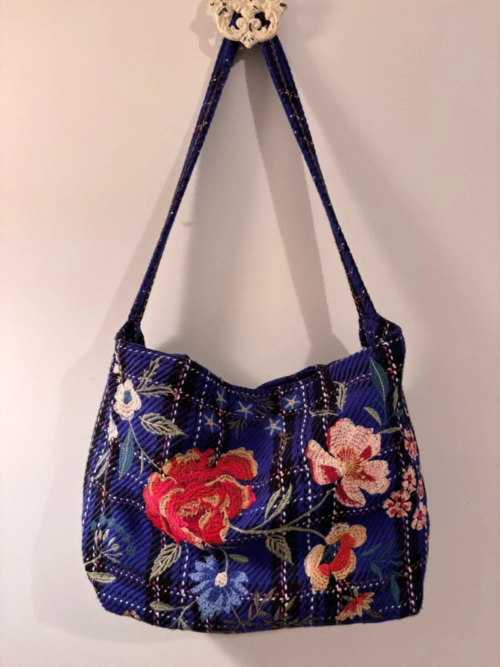 Johnny Was Mila Blue Plaid Embroidered Tote Bag - Picture 3 of 15